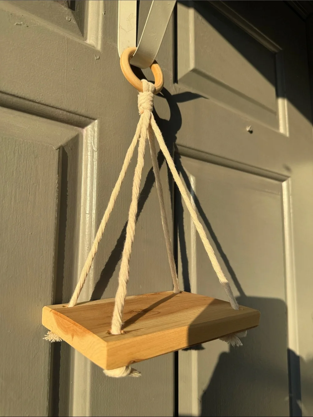 Natural Wood Hanging Wall Shelf with Cream Rope